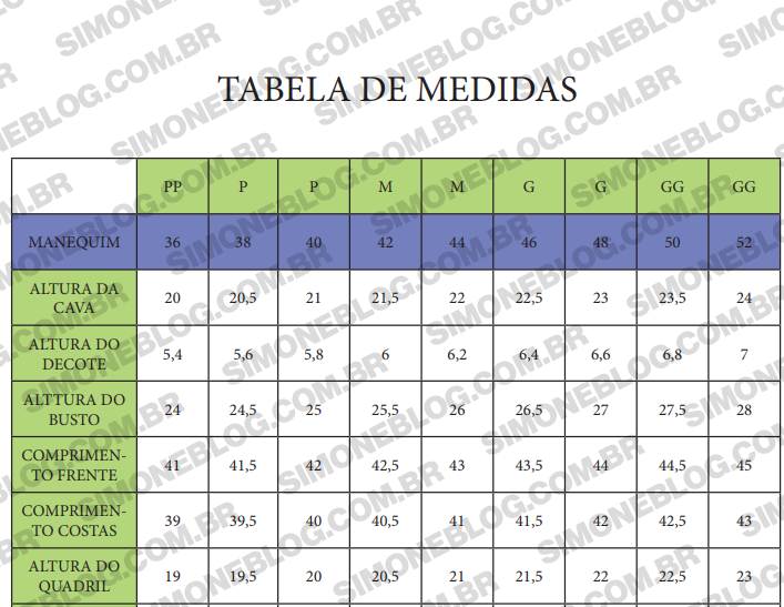 Tabela de medidas para baixar