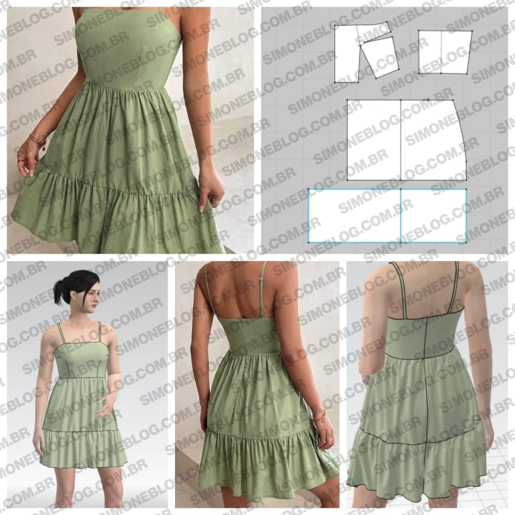 Molde vestido com franzidos na cintura e na barra