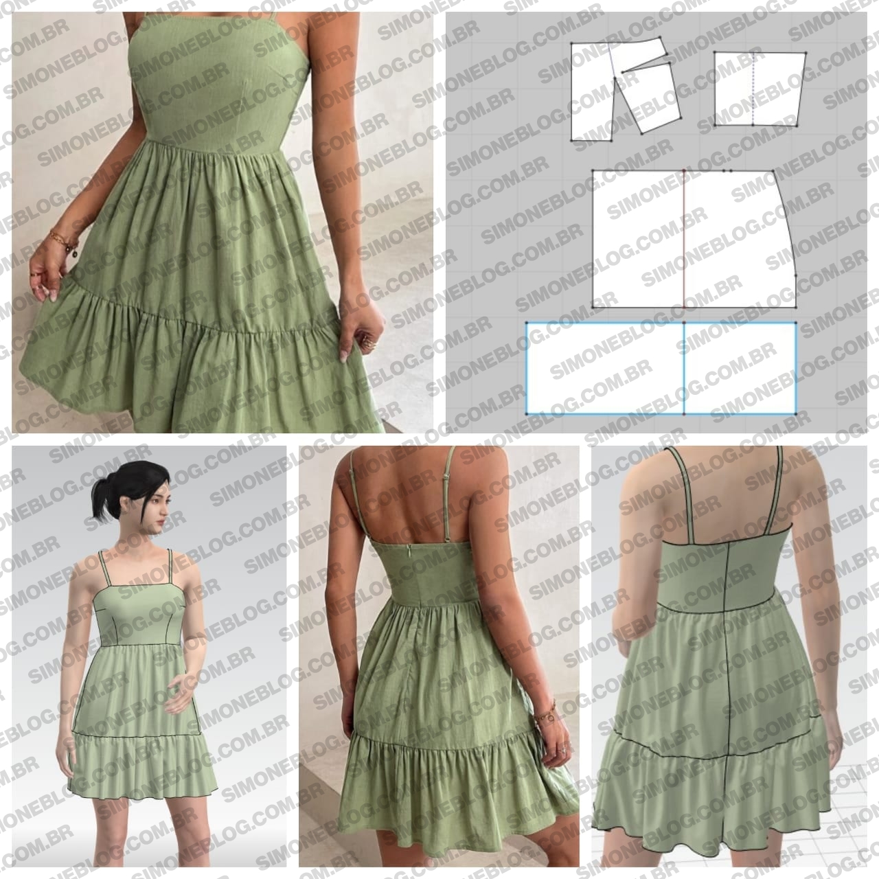 Molde vestido com franzidos na cintura e na barra