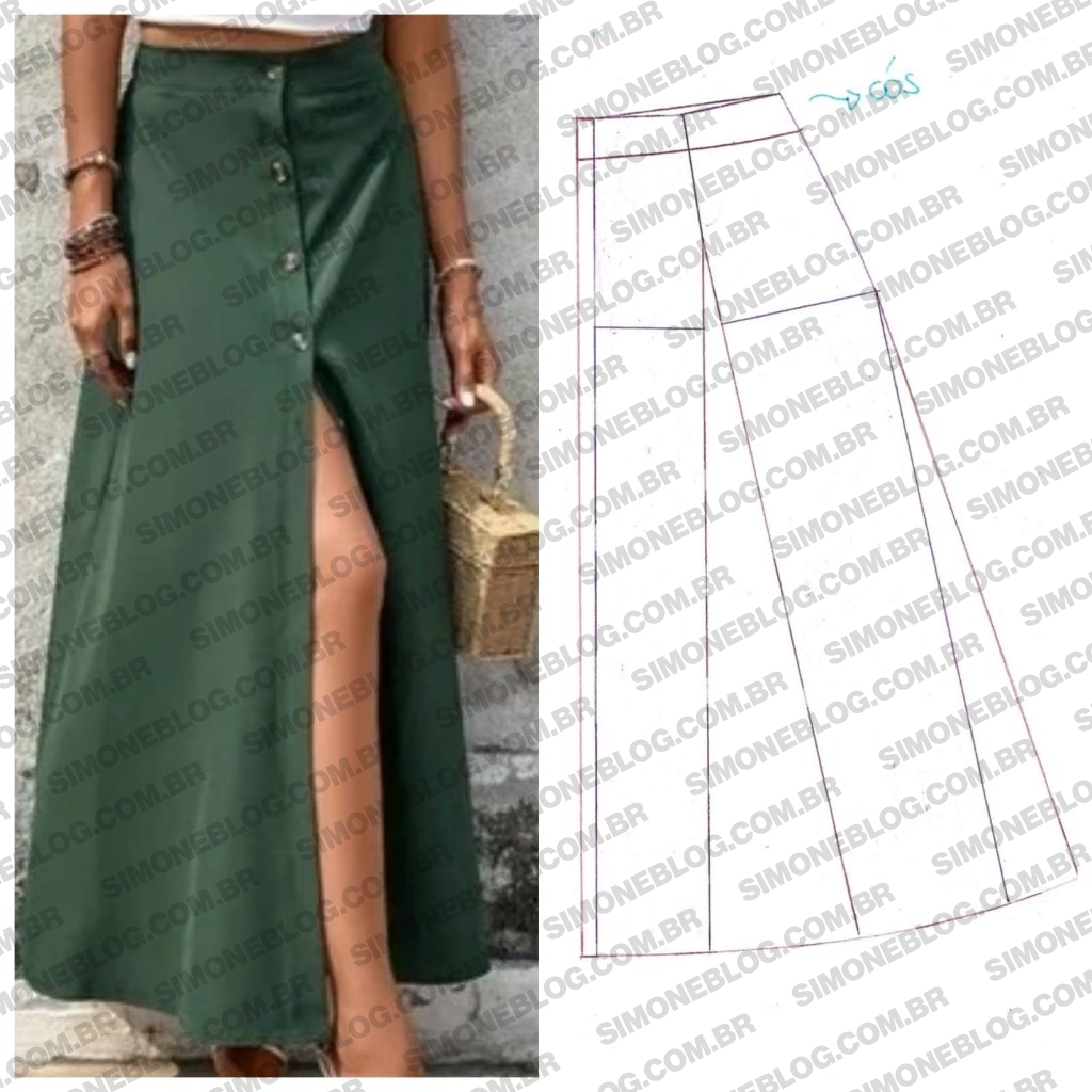 Molde saia evasê com elástico e botões