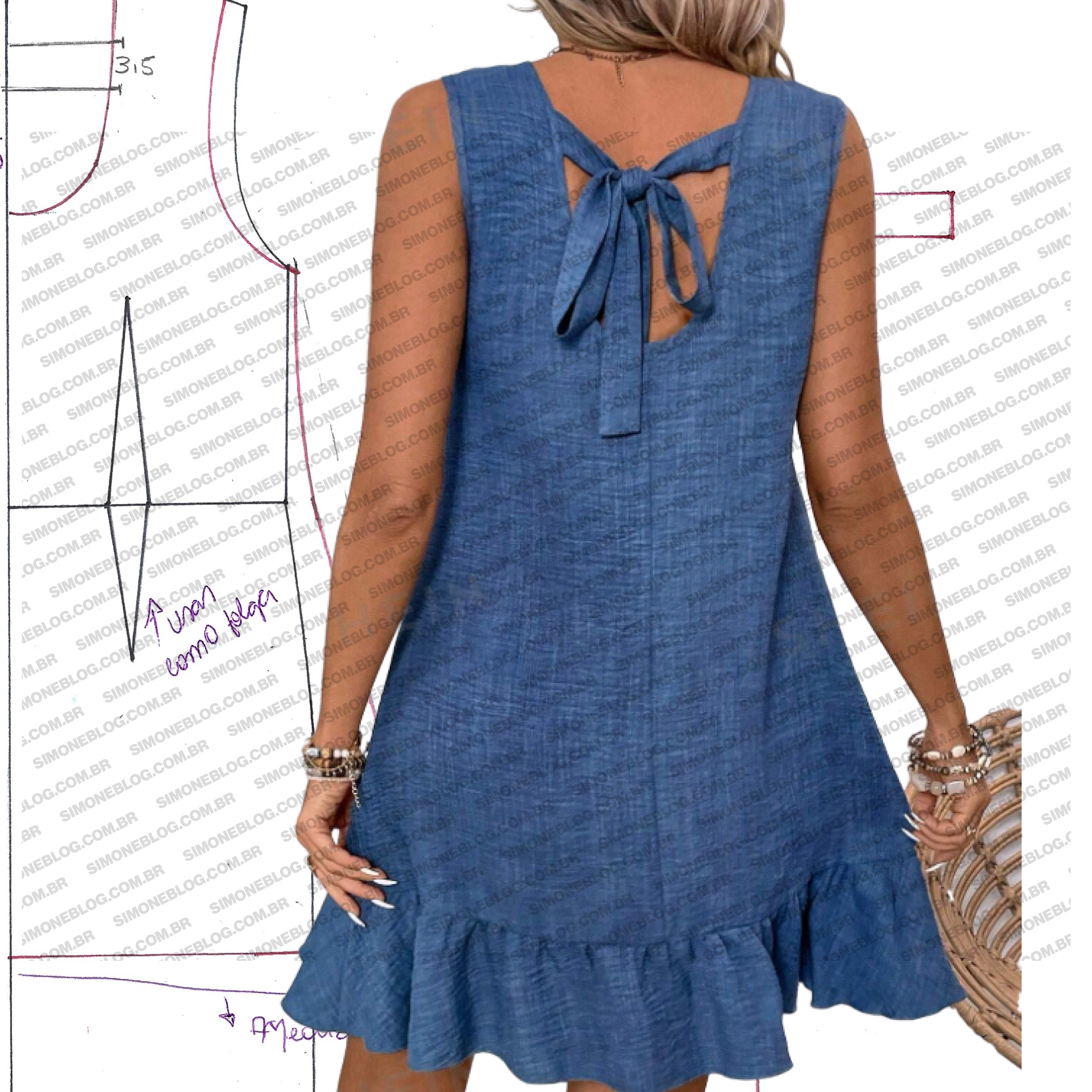 Molde vestido de amarração nas costas