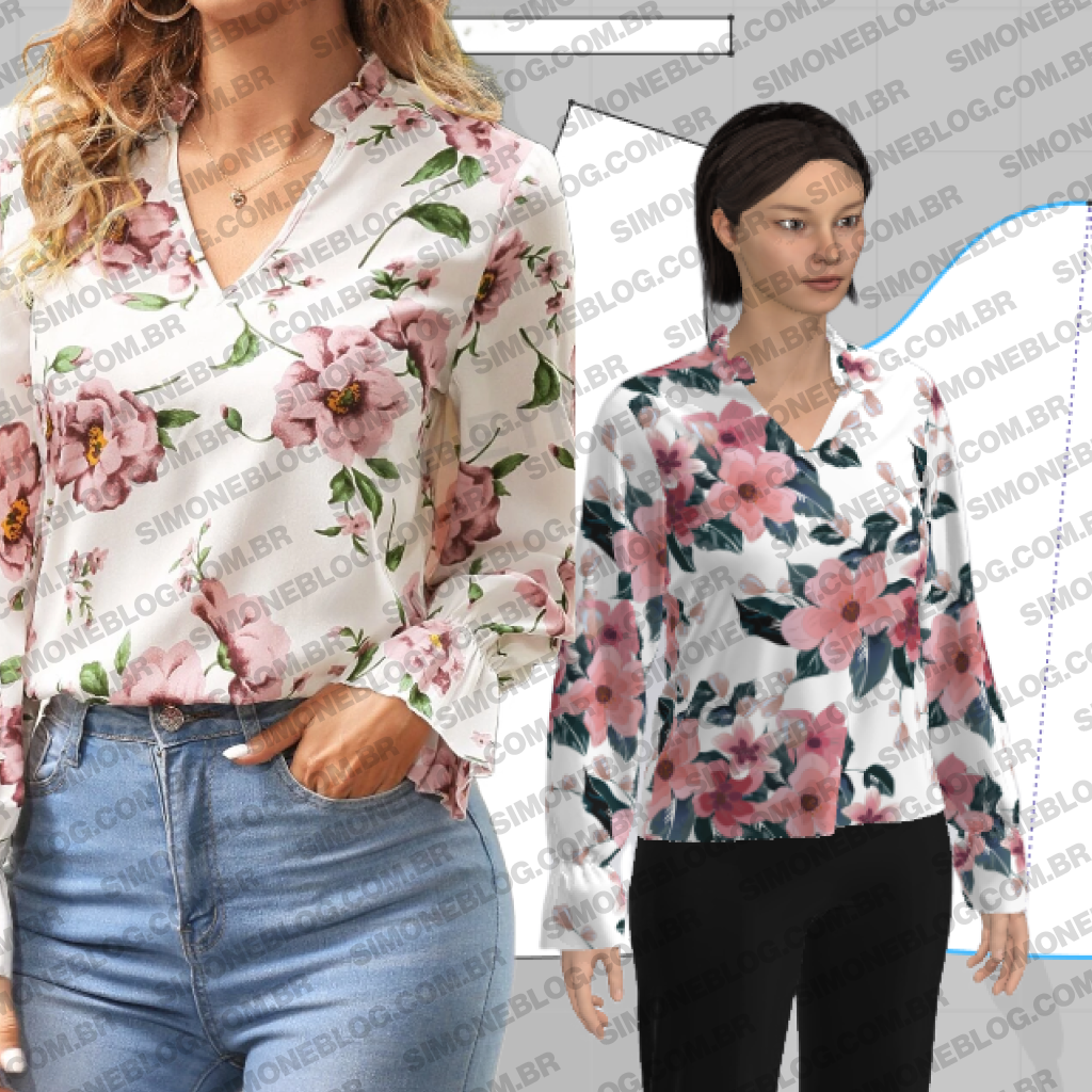 Molde blusa com decote e manga franzida