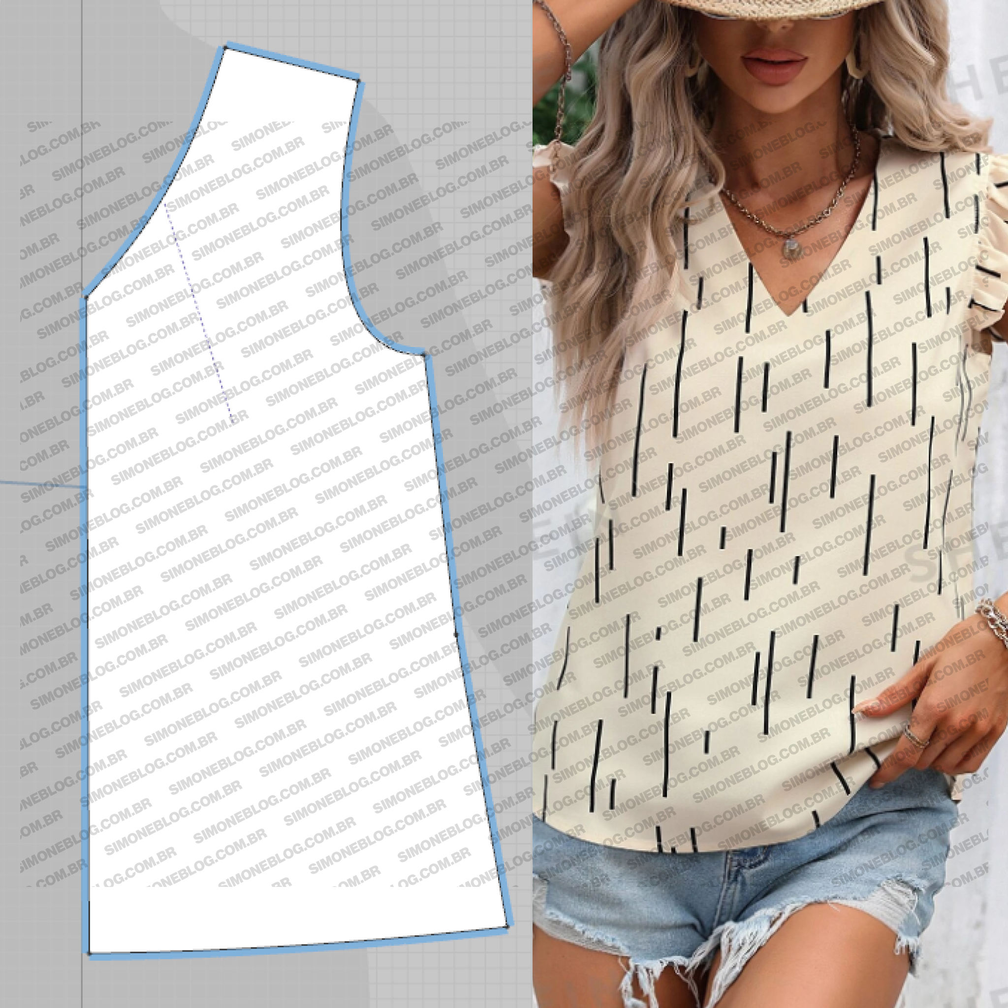 Molde blusa com detalhe franzido na manga