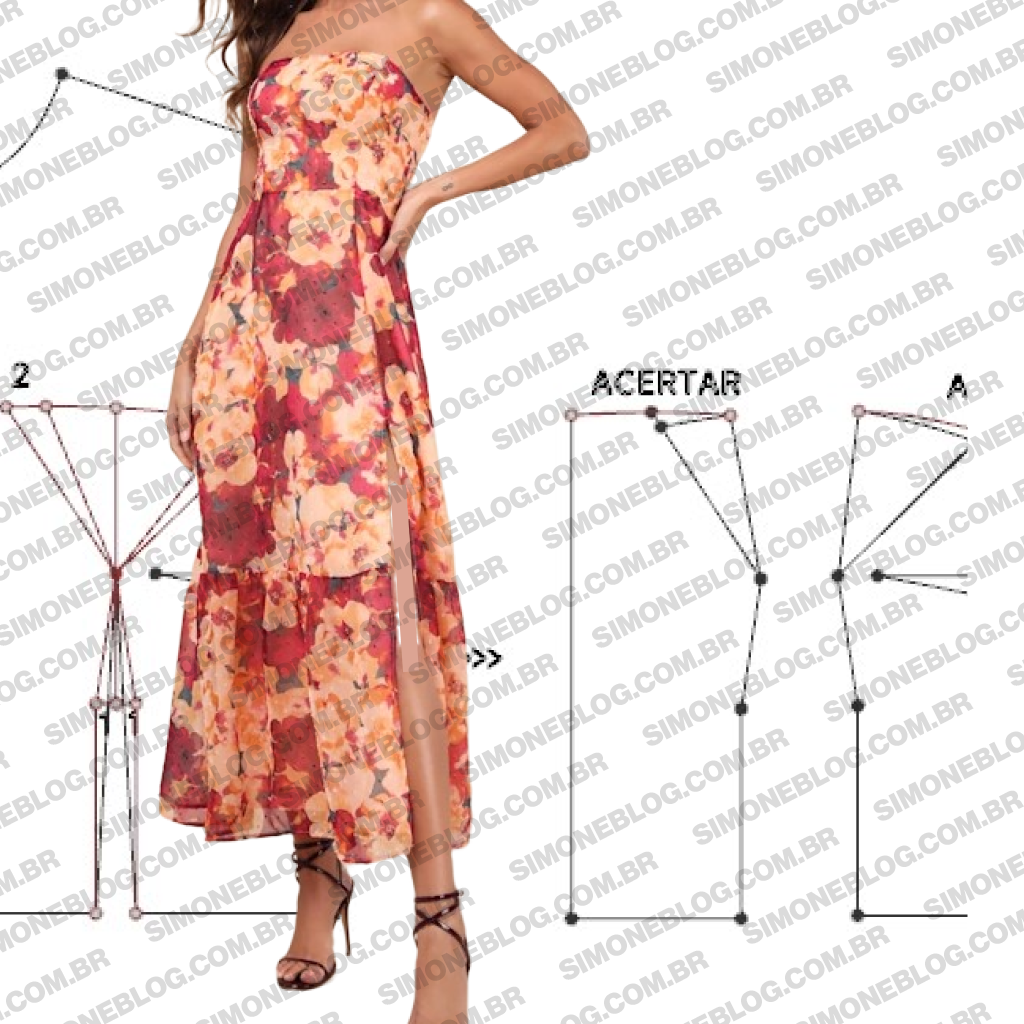 Molde vestido tomara que caia com fenda