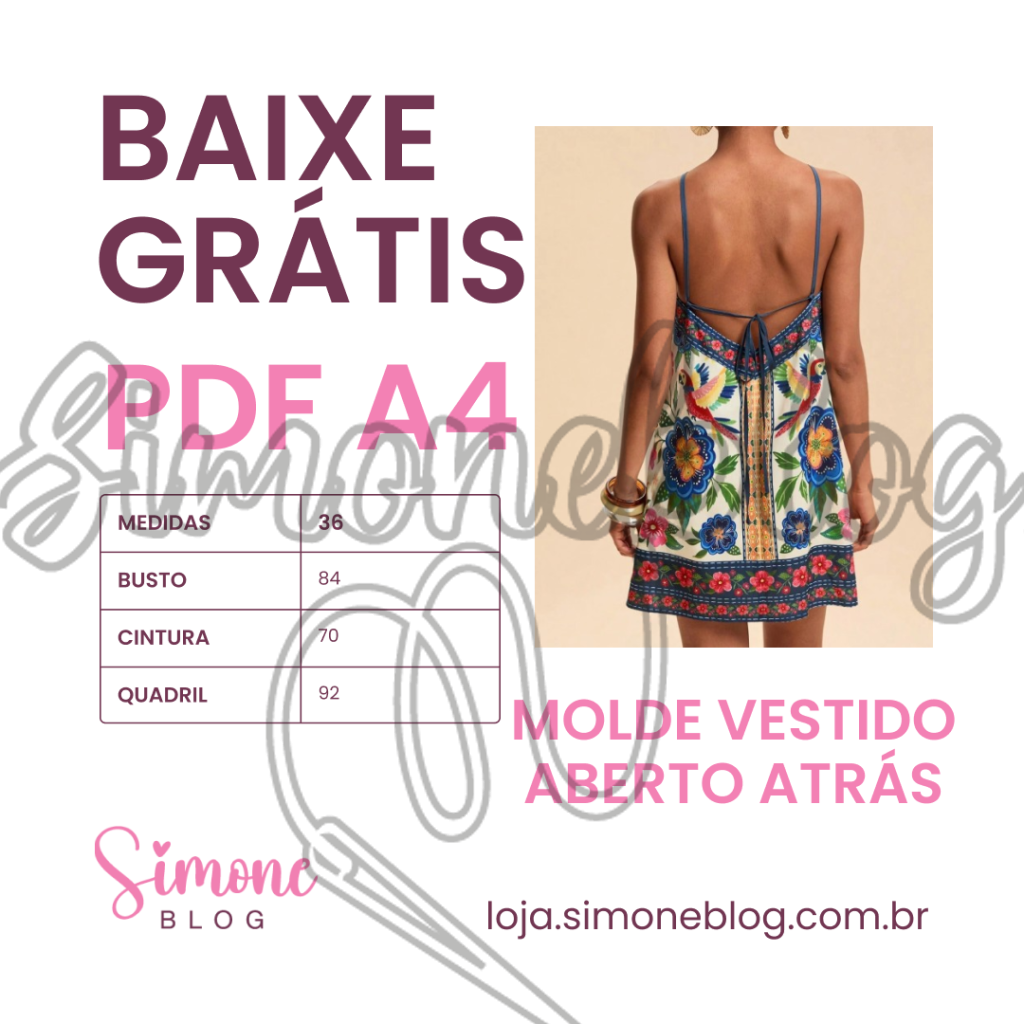 Molde vestido decote V nas costas e gola halter GRATIS PDF TAM 34