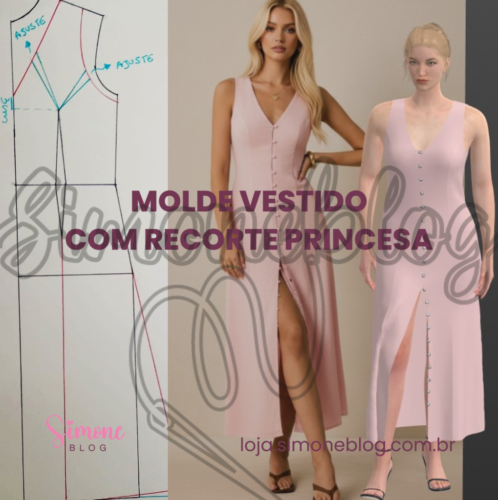 Molde vestido com recorte princesa e botão