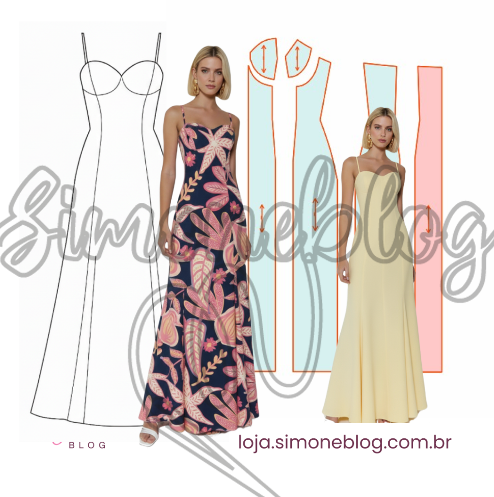 Molde vestido longo com recorte e nesgas