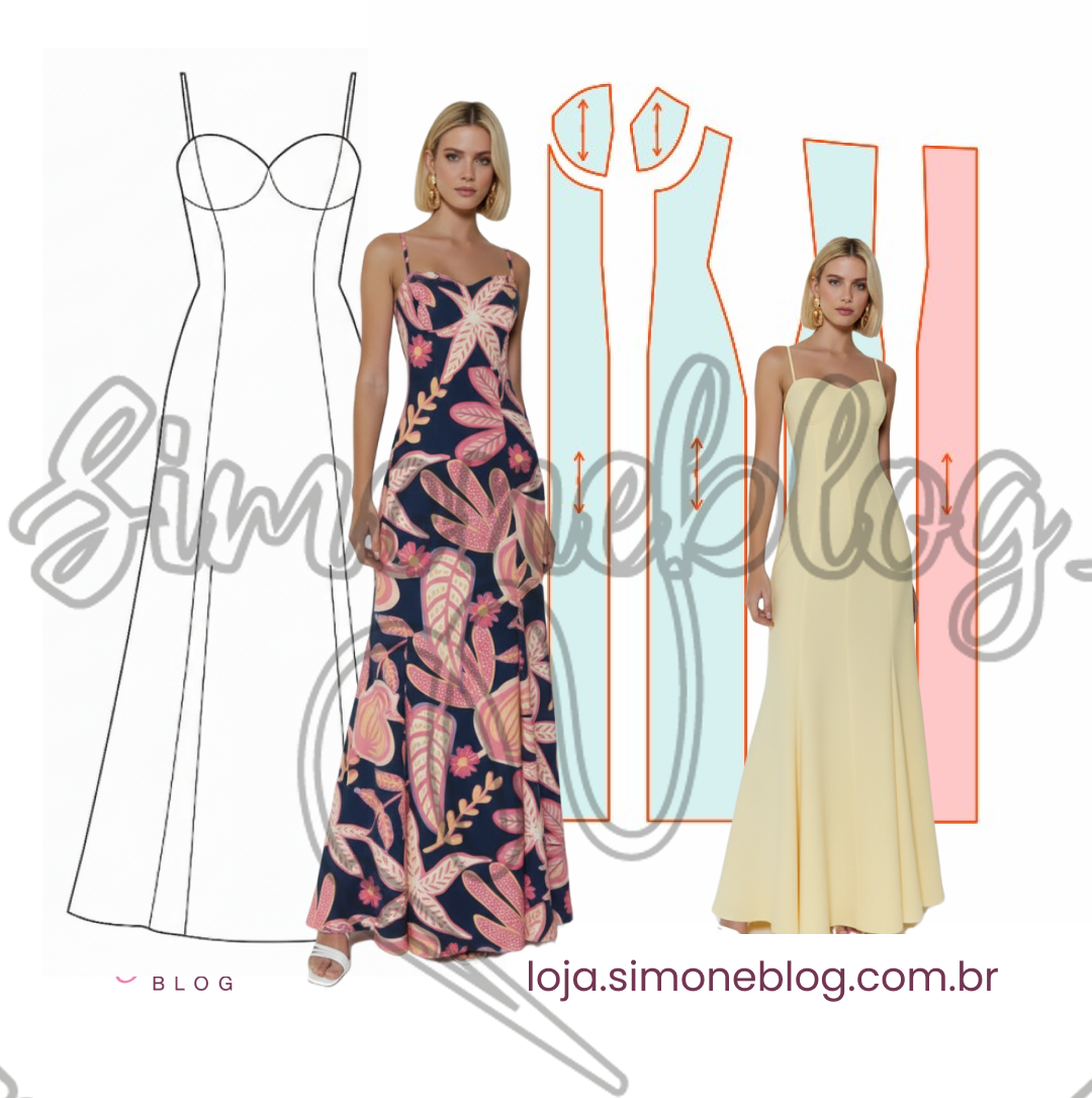 Molde vestido longo com recorte e nesgas