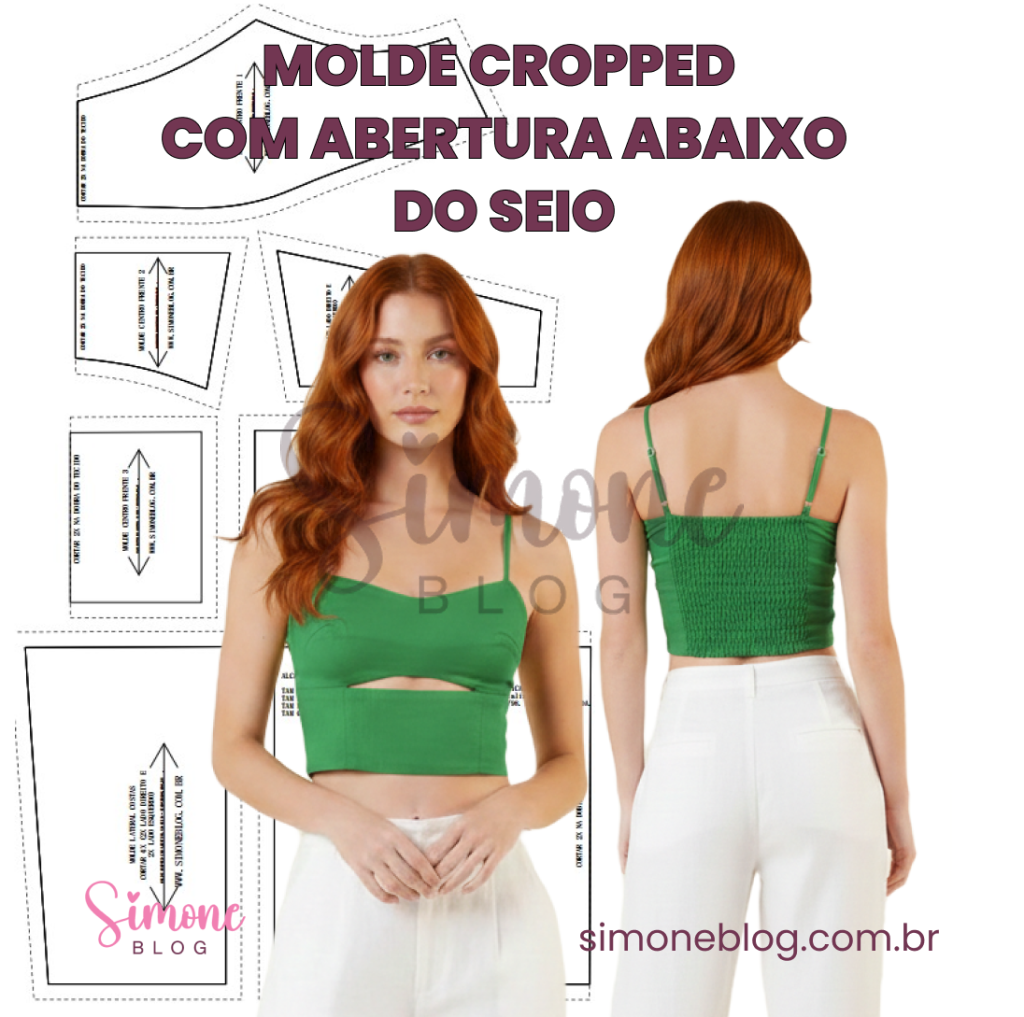 Molde passo a passo cropped com recorte aberto no seio