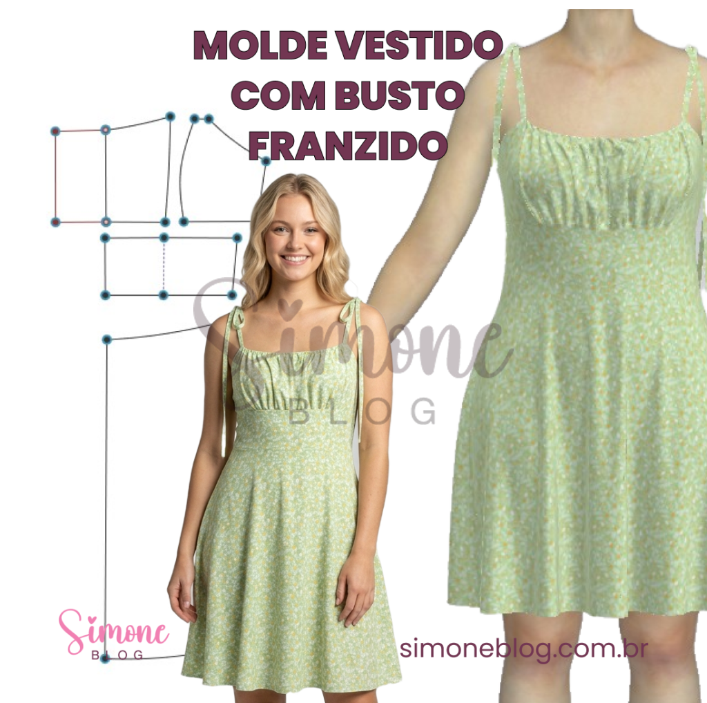 Molde vestido com franzido no busto