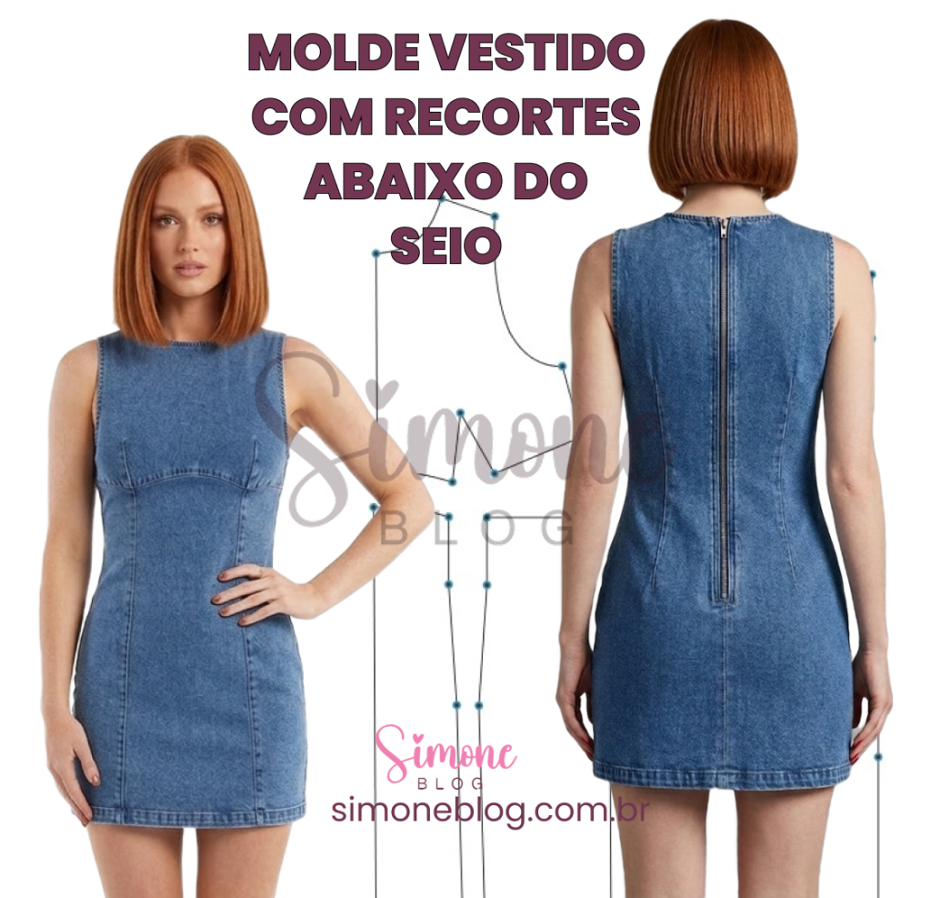 Molde vestido jeans com reocrte abaixo do busto.