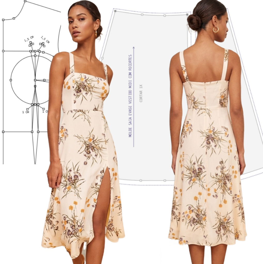 Molde vestido com recortes e fenda