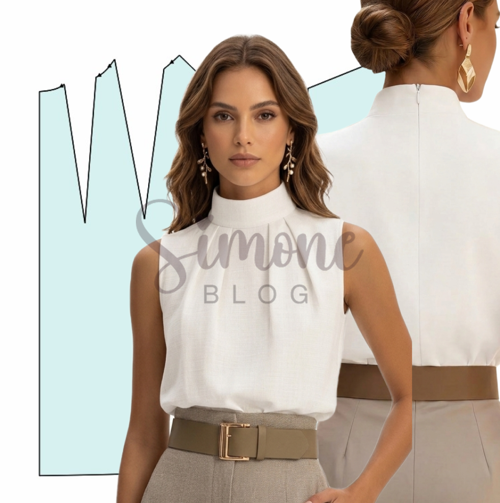 Molde blusa com pregas no decote e gola