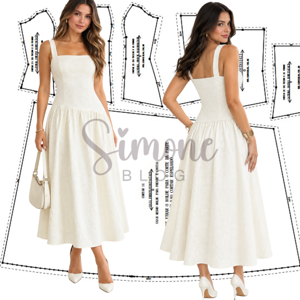 Molde vestido midi com detalhe franzido PDF GRÁTIS.