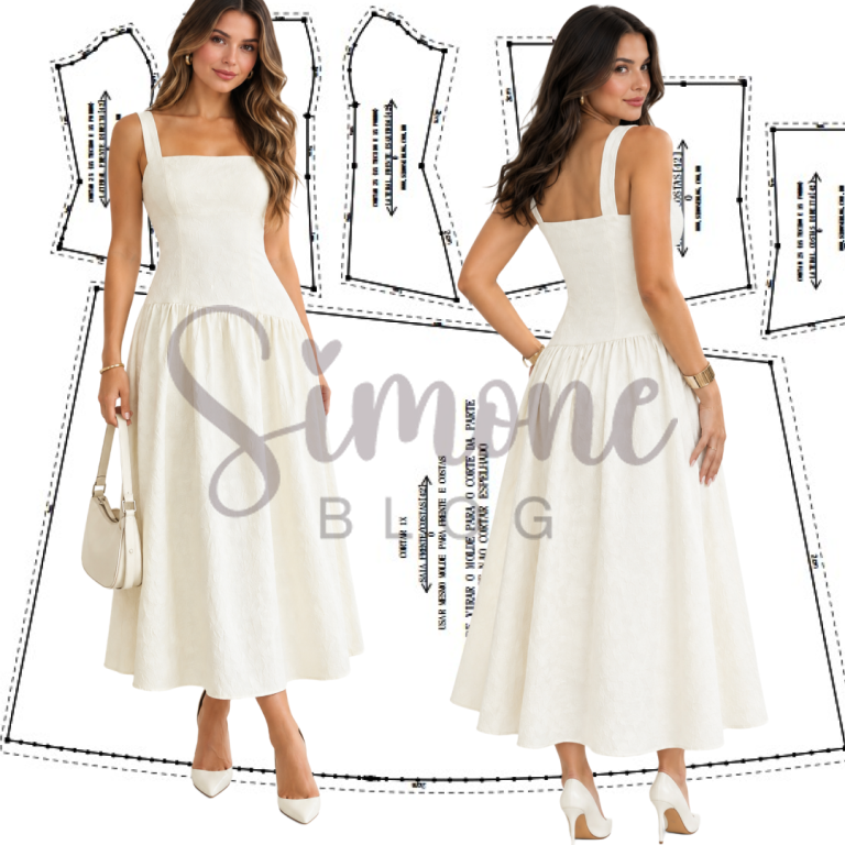 Molde vestido midi com detalhe franzido PDF GRÁTIS.